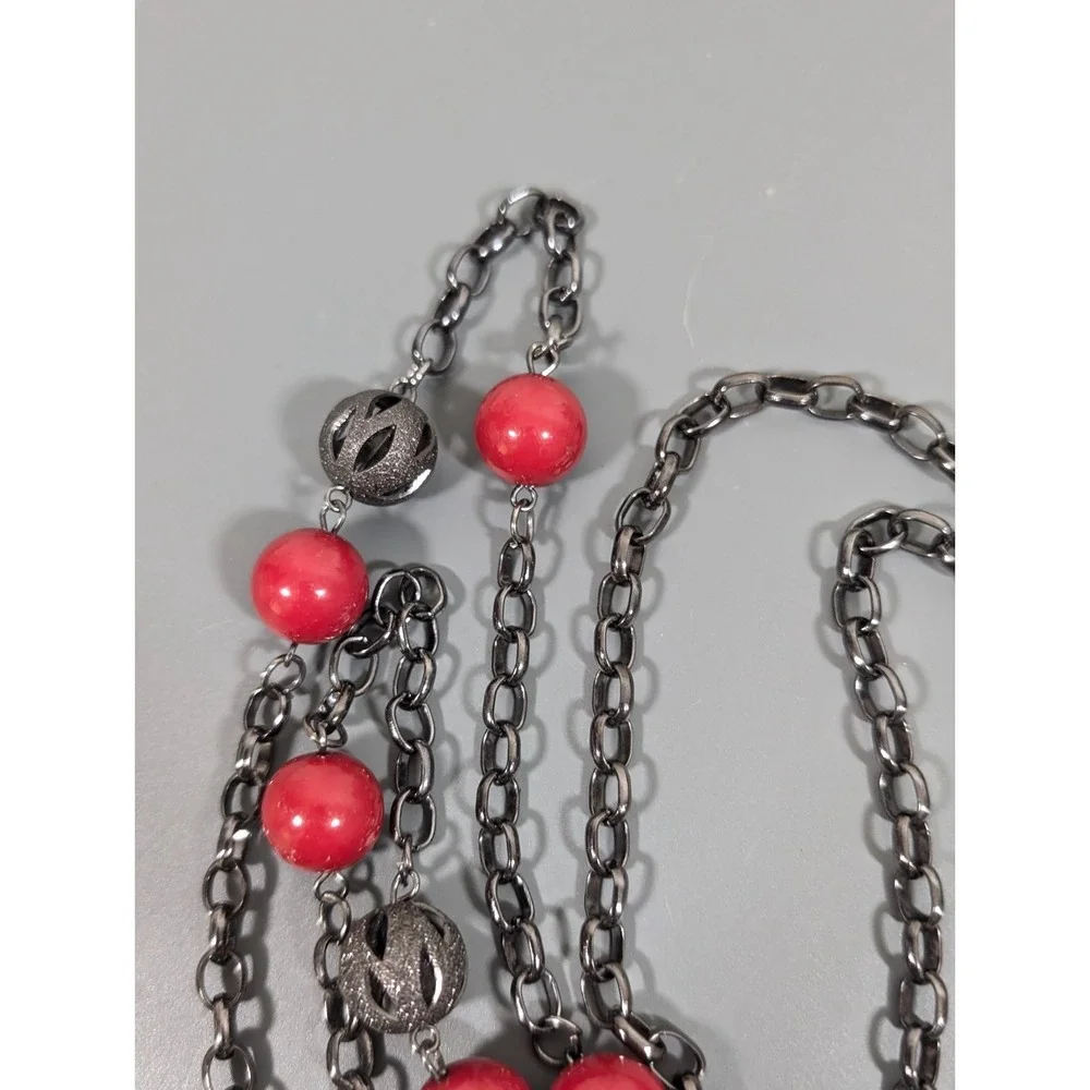 Gunmetal Filigree Ball Pink Bead Layering Necklace Goth Boho Y2K‎ 42 inch